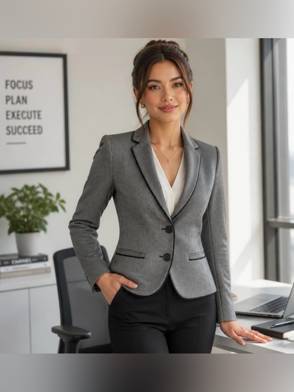 Talbots Gray Blazer with Black Piping Trim